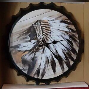 Native Feather Headdress ~ Large Tin Wall Clock ~ Bottle Cap Shape  New in Box